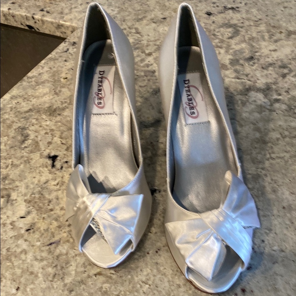 White Satin Peep Toe Heels with Bow Detail